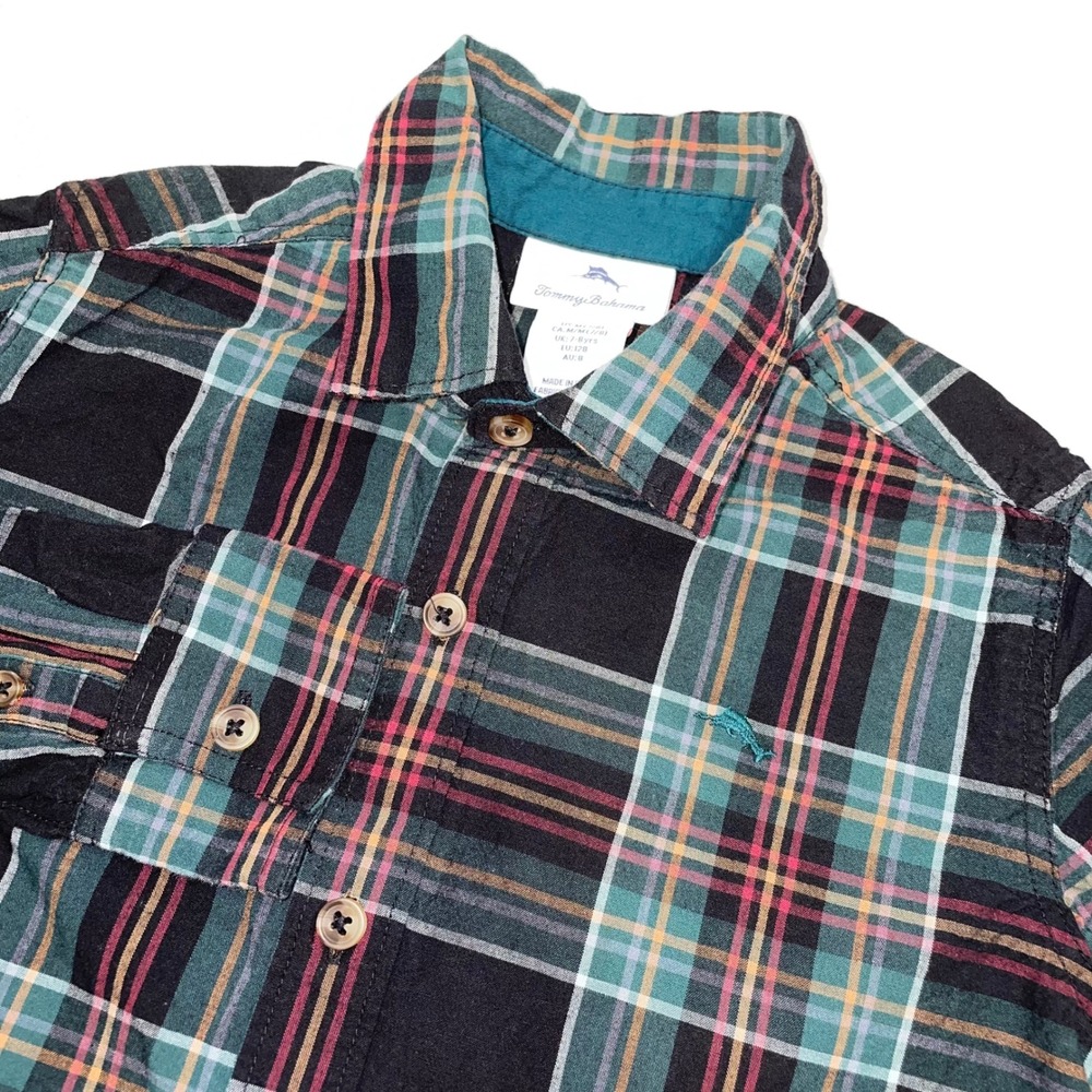 Tommy Bahama Boys Plaid Long Sleeve Button Down Shirt Green Black Red Size M 7/8
